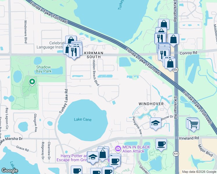 map of restaurants, bars, coffee shops, grocery stores, and more near 6514 Hidden Beach Circle in Orlando