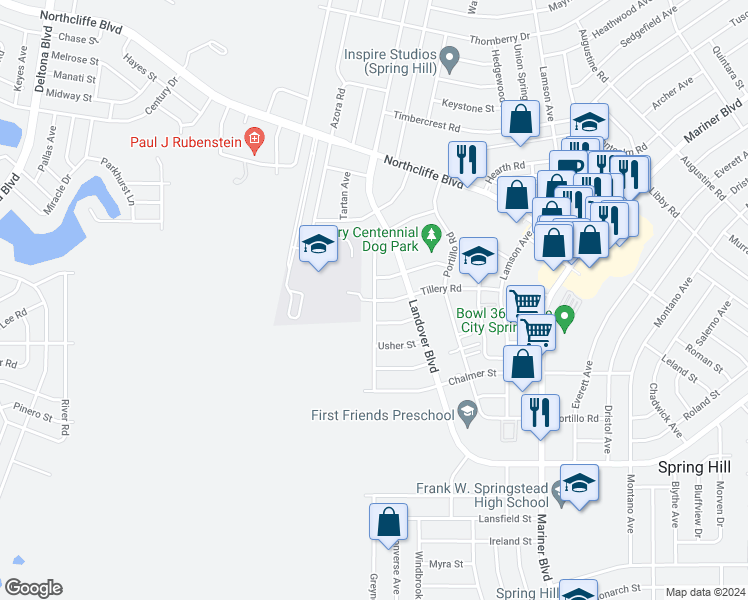 map of restaurants, bars, coffee shops, grocery stores, and more near 4077 Jason Road in Spring Hill