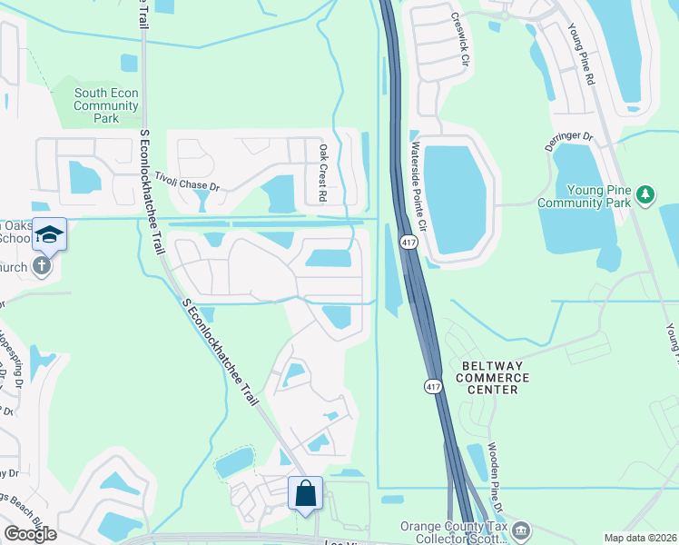 map of restaurants, bars, coffee shops, grocery stores, and more near 10043 Medallion Bluff Lane in Orlando