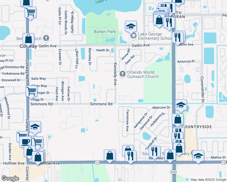 map of restaurants, bars, coffee shops, grocery stores, and more near 4475 Kennedy Avenue in Orlando