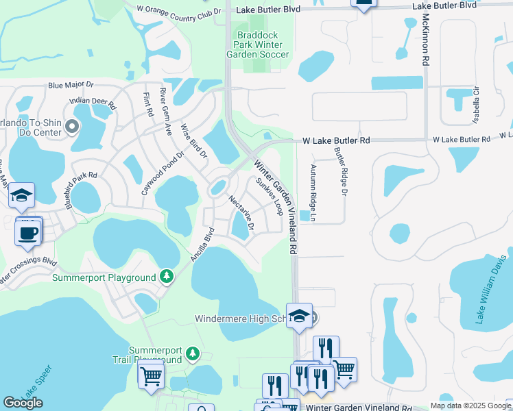 map of restaurants, bars, coffee shops, grocery stores, and more near 5248 Lemon Twist Lane in Windermere