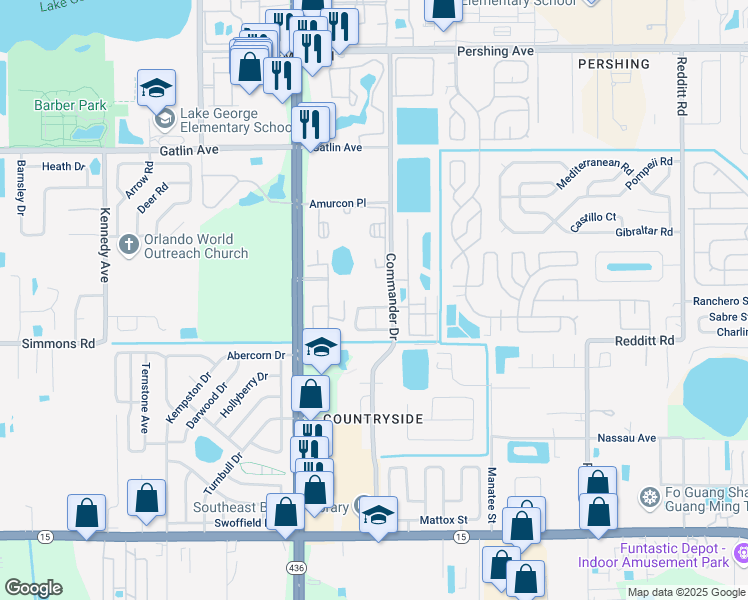 map of restaurants, bars, coffee shops, grocery stores, and more near 5747 Vista Linda Drive in Orlando