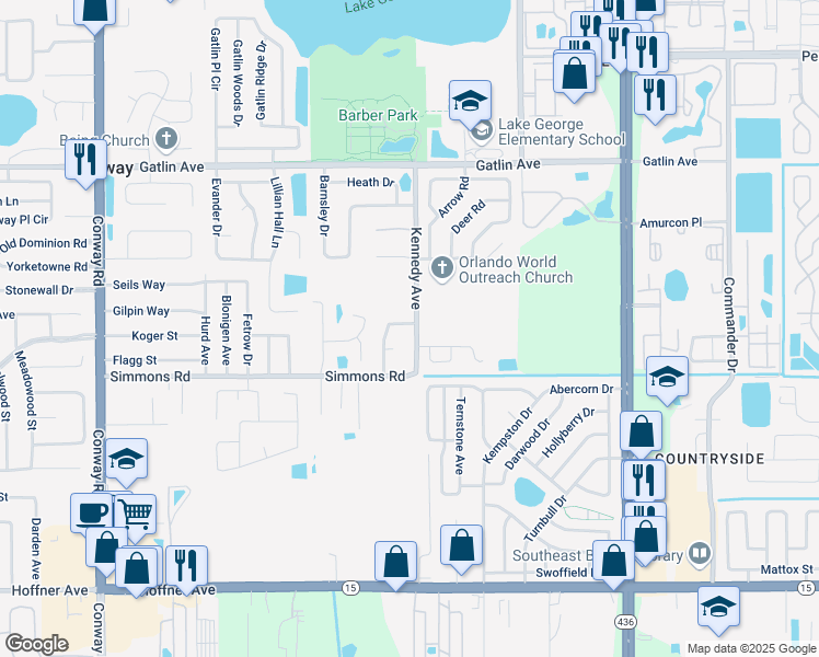 map of restaurants, bars, coffee shops, grocery stores, and more near 4475 Kennedy Avenue in Orlando
