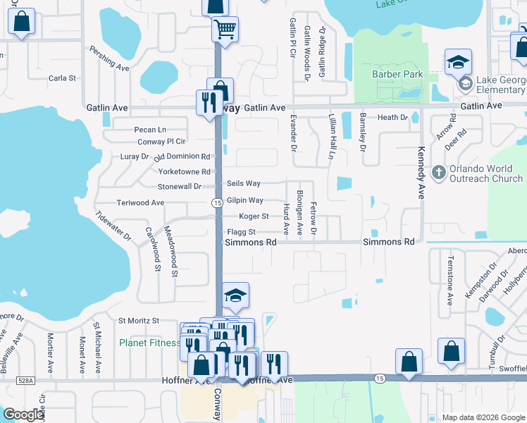 map of restaurants, bars, coffee shops, grocery stores, and more near 4509 Koger Street in Orlando