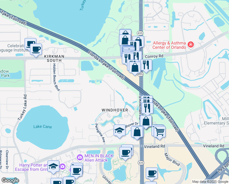 map of restaurants, bars, coffee shops, grocery stores, and more near 5067 Westwinds Drive in Orlando