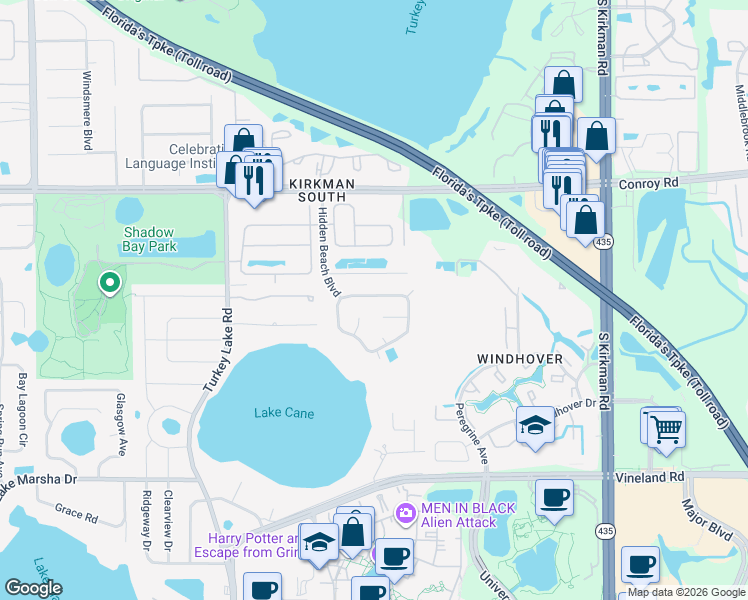 map of restaurants, bars, coffee shops, grocery stores, and more near 6514 Hidden Beach Circle in Orlando