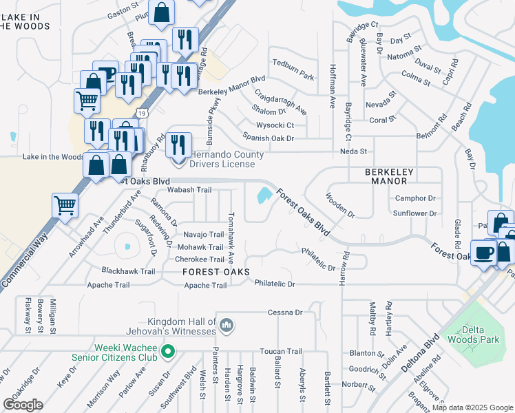 map of restaurants, bars, coffee shops, grocery stores, and more near 8157a Forest Villas Circle in Spring Hill