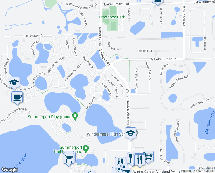 map of restaurants, bars, coffee shops, grocery stores, and more near 5227 Nectarine Drive in Windermere
