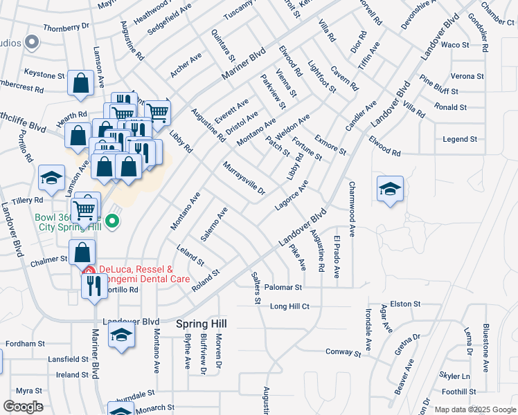 map of restaurants, bars, coffee shops, grocery stores, and more near 11344 Libby Road in Spring Hill