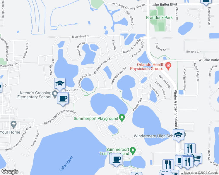 map of restaurants, bars, coffee shops, grocery stores, and more near 13967 Caywood Pond Drive in Windermere