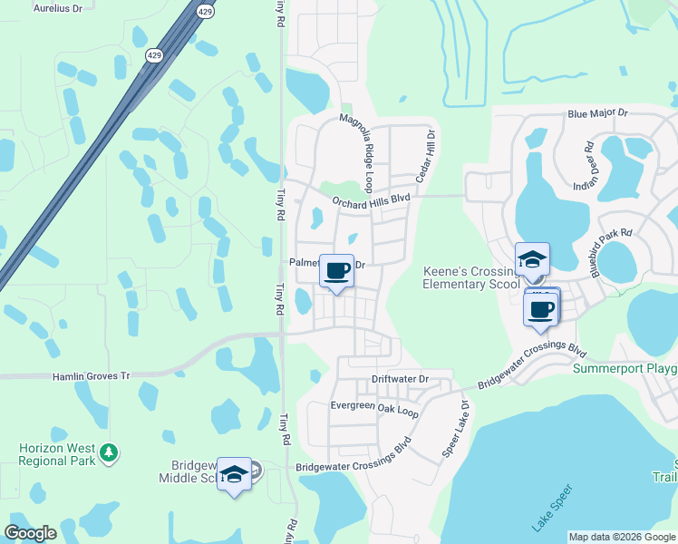 map of restaurants, bars, coffee shops, grocery stores, and more near 5687 Mangrove Cove Avenue in Winter Garden