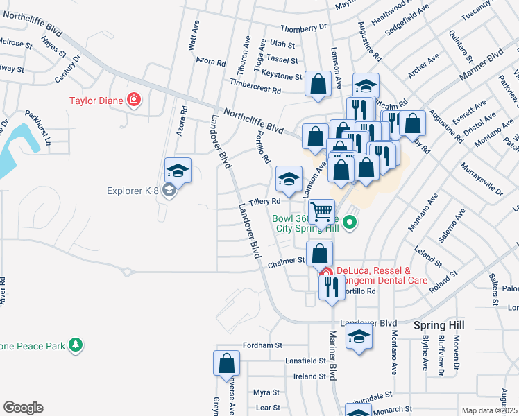 map of restaurants, bars, coffee shops, grocery stores, and more near 4095 Portillo Rd in Spring Hill