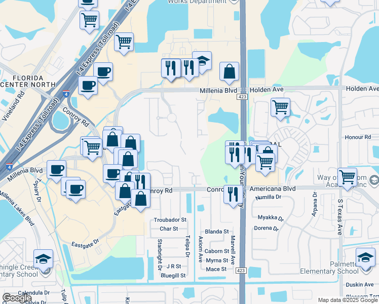 map of restaurants, bars, coffee shops, grocery stores, and more near 3599 Conroy Road in Orlando