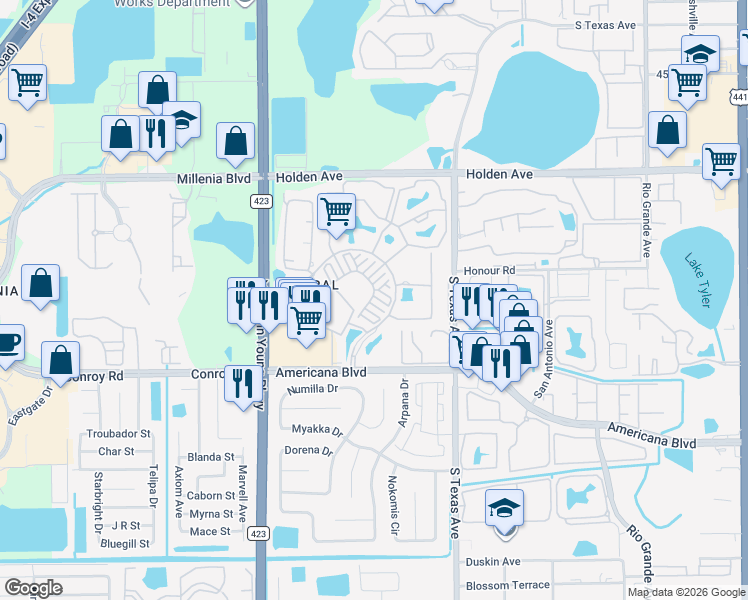 map of restaurants, bars, coffee shops, grocery stores, and more near 2352 Grand Central Parkway in Orlando