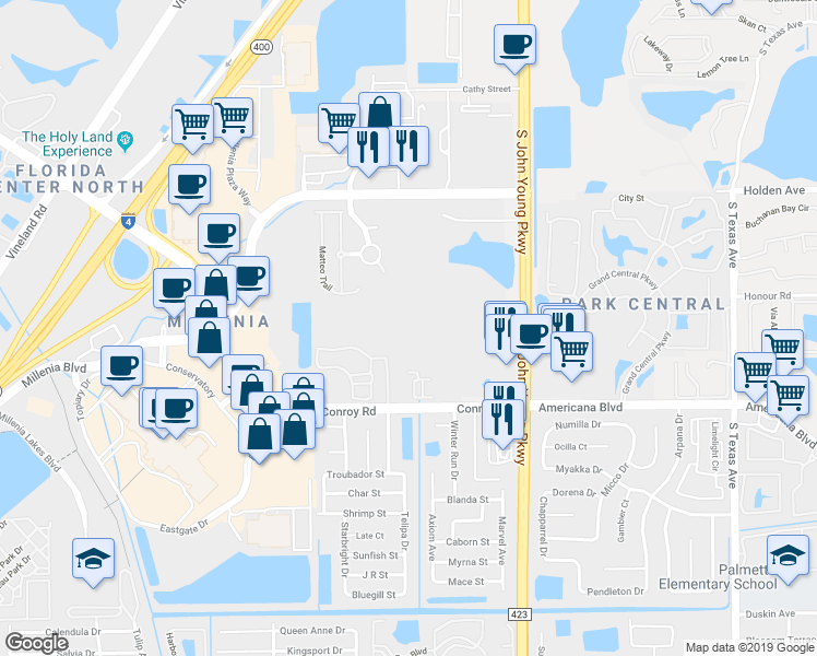 map of restaurants, bars, coffee shops, grocery stores, and more near 3605 Conroy Road in Orlando