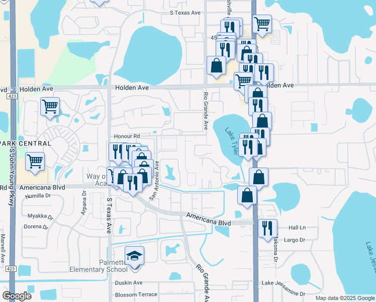 map of restaurants, bars, coffee shops, grocery stores, and more near 4923 Aventura Boulevard in Orlando