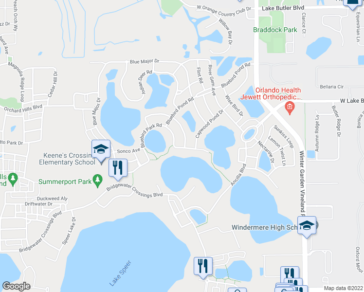 map of restaurants, bars, coffee shops, grocery stores, and more near 5262 Beach River Road in Windermere