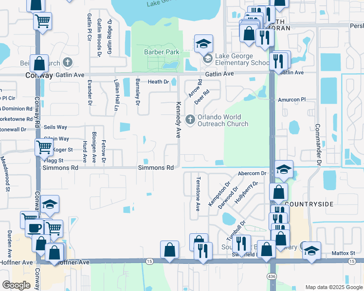 map of restaurants, bars, coffee shops, grocery stores, and more near 4475 Kennedy Avenue in Orlando