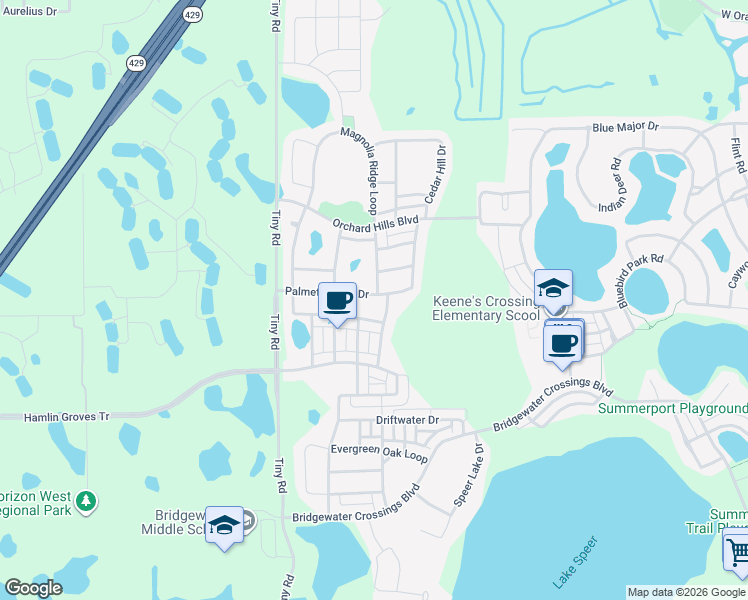 map of restaurants, bars, coffee shops, grocery stores, and more near 5007 Palmetto Park Drive in Winter Garden