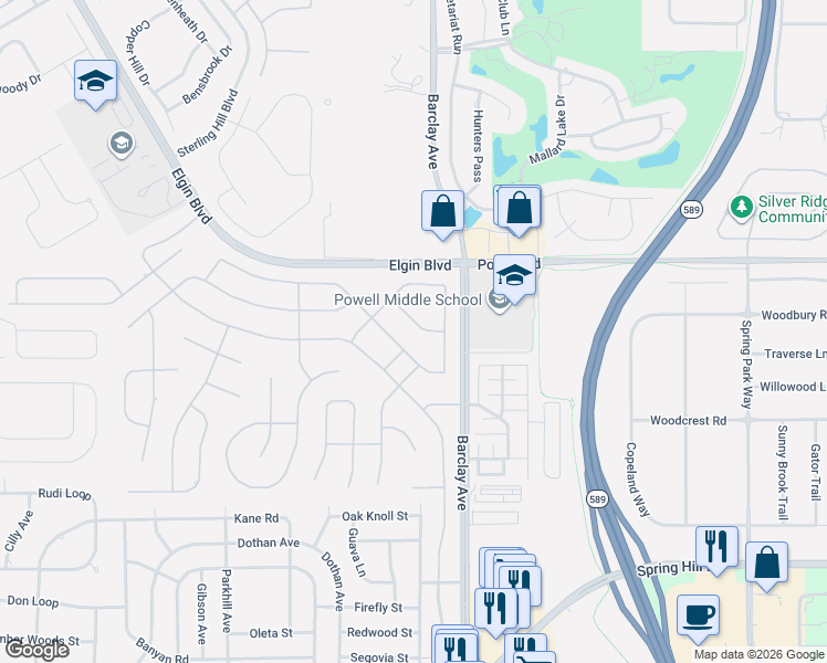 map of restaurants, bars, coffee shops, grocery stores, and more near 14209 Pullman Drive in Spring Hill