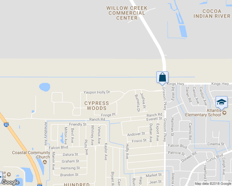 map of restaurants, bars, coffee shops, grocery stores, and more near 5253 Yaupon Holly Drive in Cocoa
