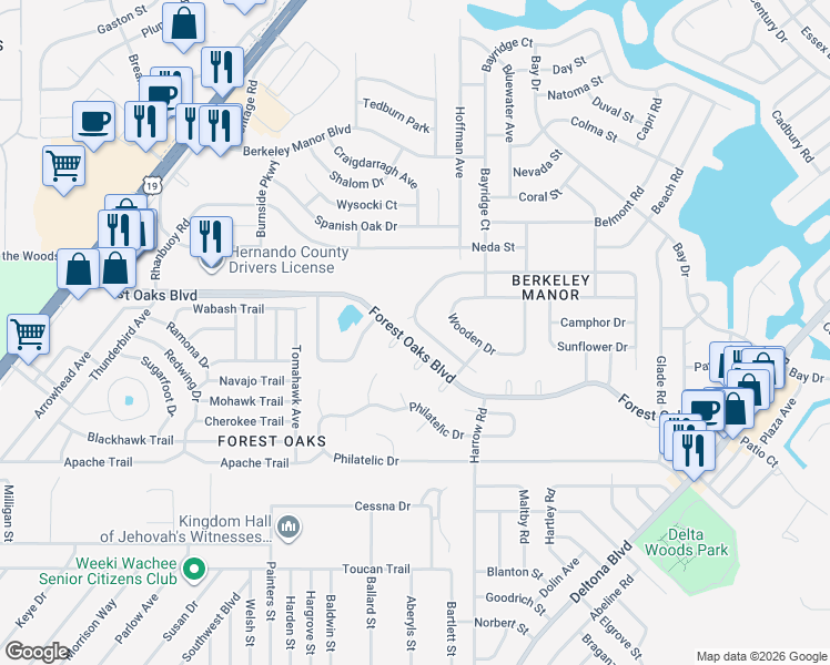 map of restaurants, bars, coffee shops, grocery stores, and more near 8045 Pagoda Drive in Spring Hill