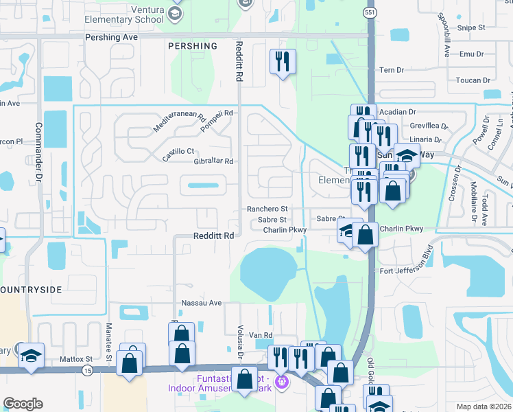 map of restaurants, bars, coffee shops, grocery stores, and more near 7473 Ranchero Street in Orlando