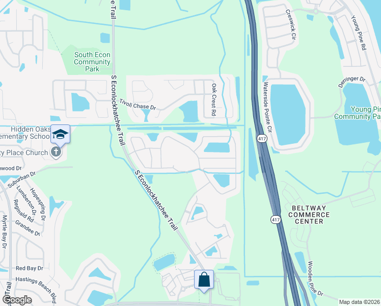 map of restaurants, bars, coffee shops, grocery stores, and more near 9918 Bennington Chase Drive in Orlando