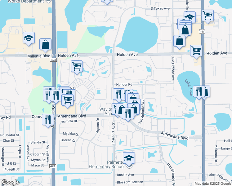map of restaurants, bars, coffee shops, grocery stores, and more near 5048 Downing Street in Orlando