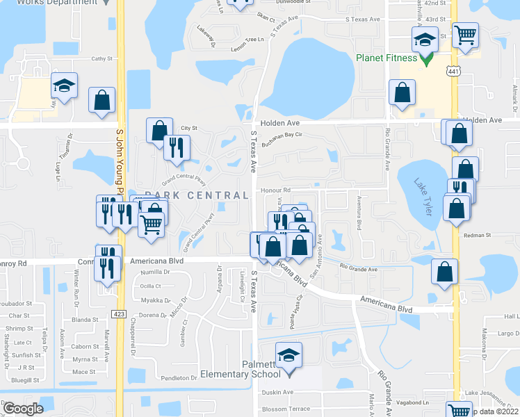 map of restaurants, bars, coffee shops, grocery stores, and more near 5048 Downing Street in Orlando