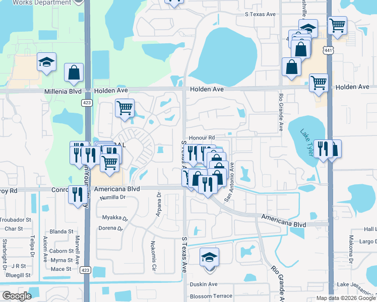map of restaurants, bars, coffee shops, grocery stores, and more near 5048 Downing Street in Orlando