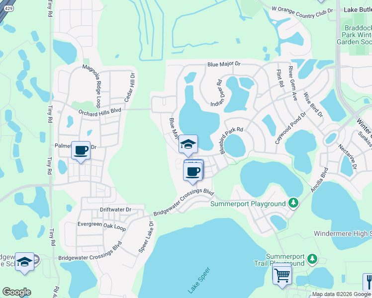 map of restaurants, bars, coffee shops, grocery stores, and more near 4119 Blue Major Drive in Windermere