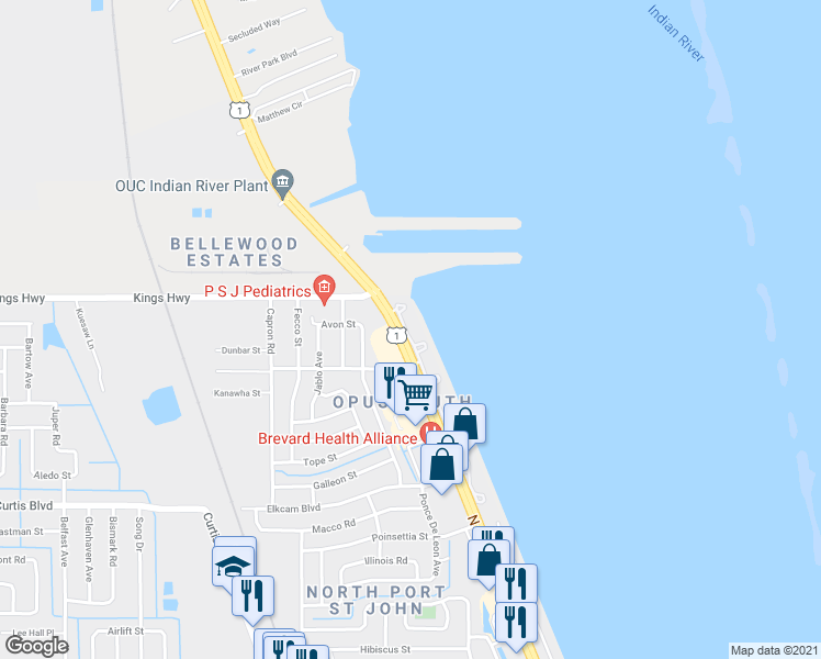 map of restaurants, bars, coffee shops, grocery stores, and more near 7430 U.S. 1 in Cocoa
