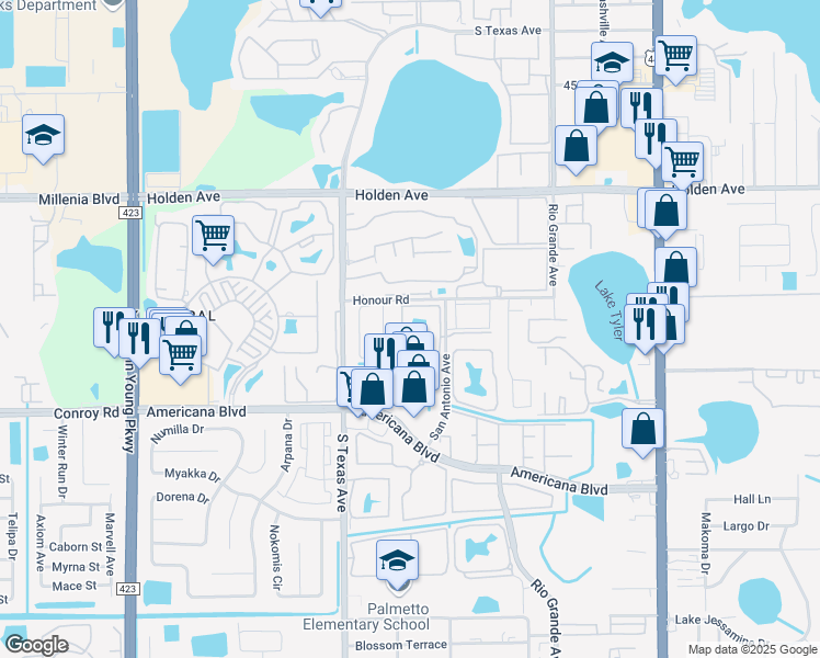 map of restaurants, bars, coffee shops, grocery stores, and more near 1940 Lake Atriums Circle in Orlando