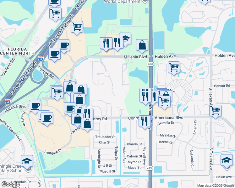 map of restaurants, bars, coffee shops, grocery stores, and more near 3605 Conroy Road in Orlando