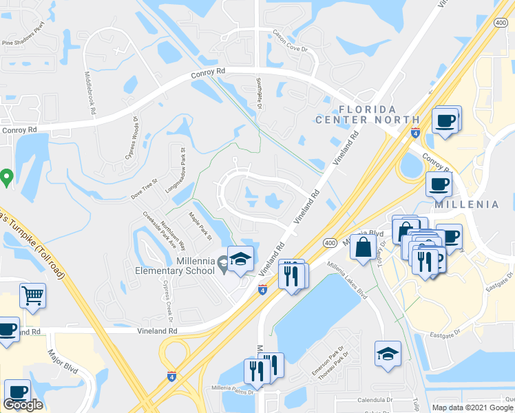 map of restaurants, bars, coffee shops, grocery stores, and more near 4748 Walden Circle in Orlando
