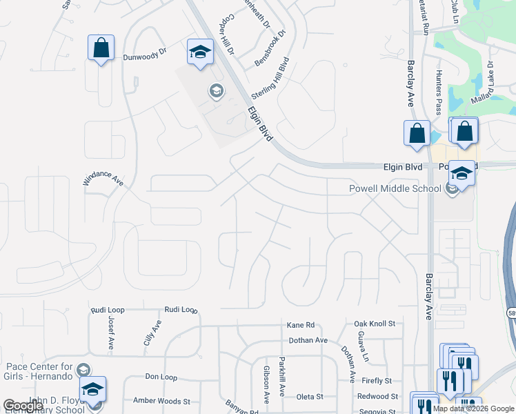 map of restaurants, bars, coffee shops, grocery stores, and more near 13413 Whitehaven Court in Brooksville