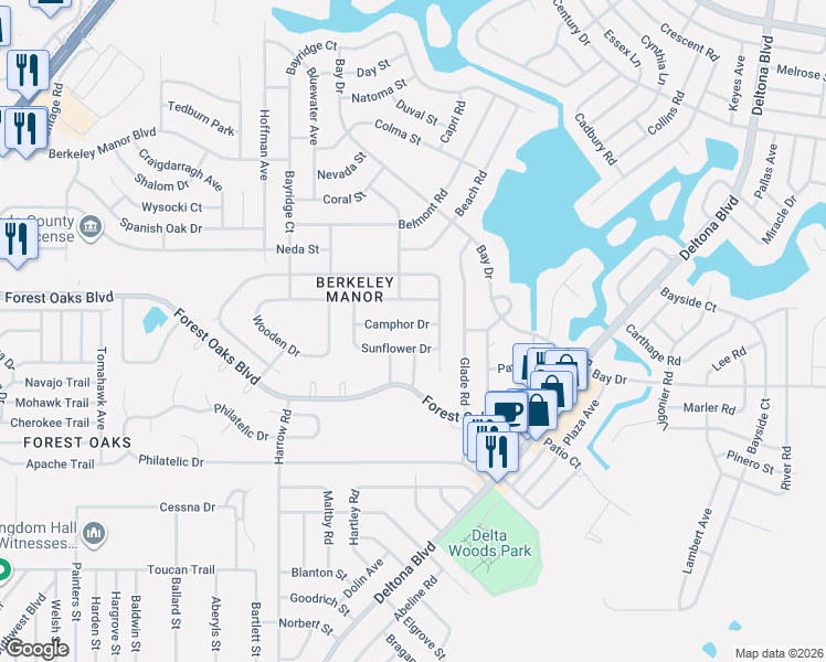 map of restaurants, bars, coffee shops, grocery stores, and more near 8392 Camphor Drive in Spring Hill