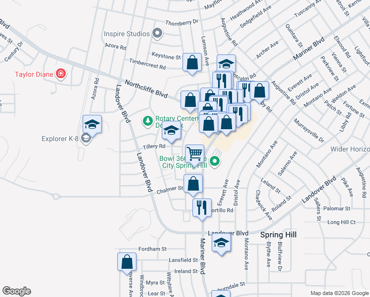 map of restaurants, bars, coffee shops, grocery stores, and more near 4074 Lamson Avenue in Spring Hill