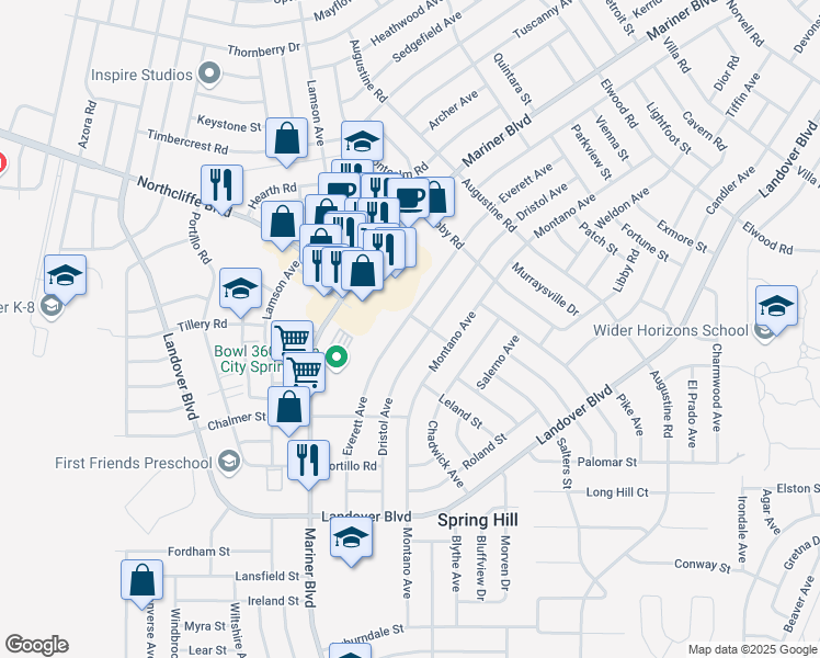 map of restaurants, bars, coffee shops, grocery stores, and more near 4088 Everett Avenue in Spring Hill