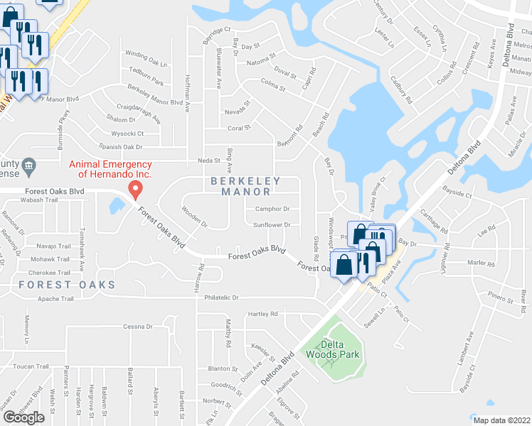 map of restaurants, bars, coffee shops, grocery stores, and more near 8376 Camphor Drive in Spring Hill