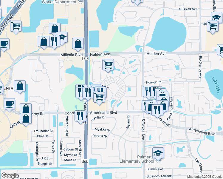 map of restaurants, bars, coffee shops, grocery stores, and more near 5009 Park Central Drive in Orlando