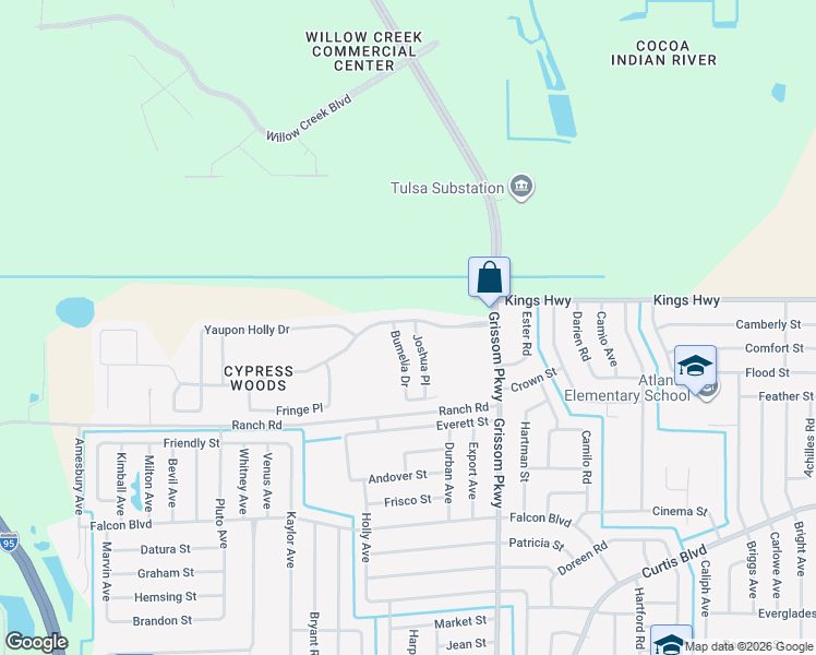 map of restaurants, bars, coffee shops, grocery stores, and more near 7473 Bumelia Drive in Cocoa