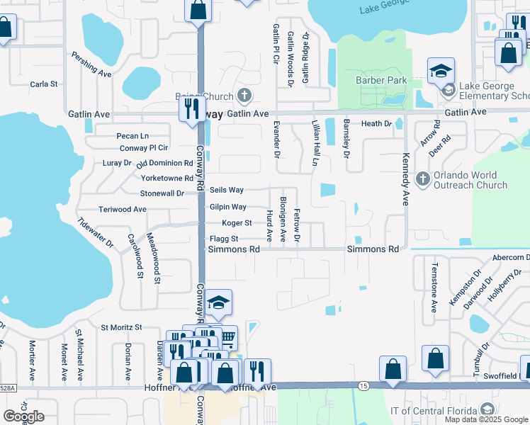 map of restaurants, bars, coffee shops, grocery stores, and more near 4545 Koger Street in Orlando