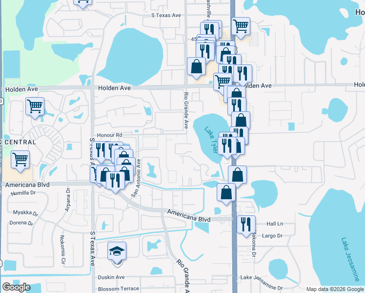 map of restaurants, bars, coffee shops, grocery stores, and more near 4923 Aventura Boulevard in Orlando