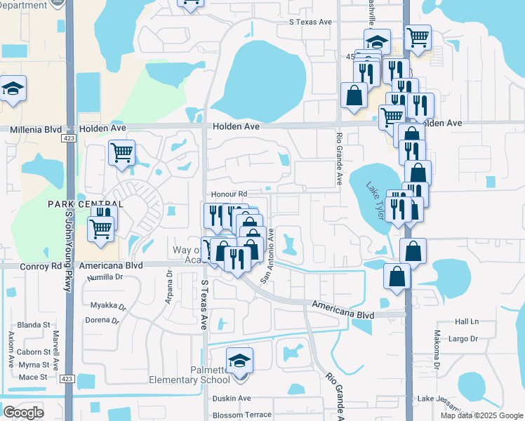 map of restaurants, bars, coffee shops, grocery stores, and more near 101 Lake Atriums Circle in Orlando
