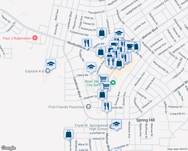 map of restaurants, bars, coffee shops, grocery stores, and more near 10444 Tillery Road in Spring Hill
