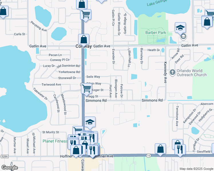 map of restaurants, bars, coffee shops, grocery stores, and more near 4545 Koger Street in Orlando