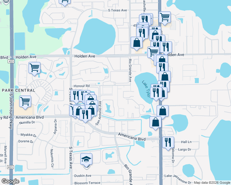 map of restaurants, bars, coffee shops, grocery stores, and more near 5305 San Antonio Avenue in Orlando
