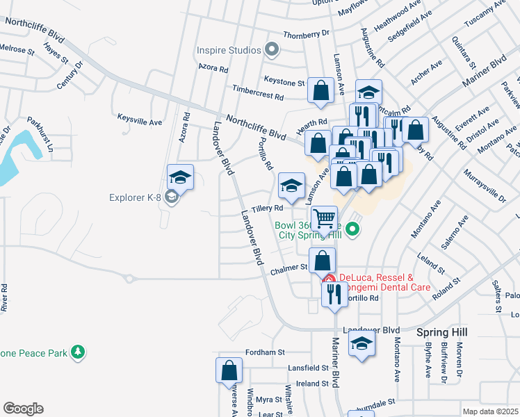 map of restaurants, bars, coffee shops, grocery stores, and more near 10360 Tillery Road in Spring Hill